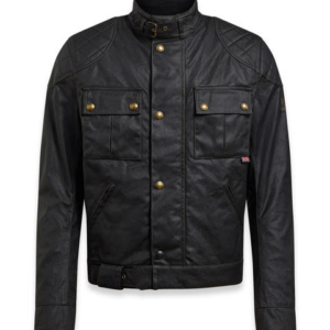 A men's black leather jacket with gold buttons.