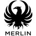 A black and white image of the merlin logo.